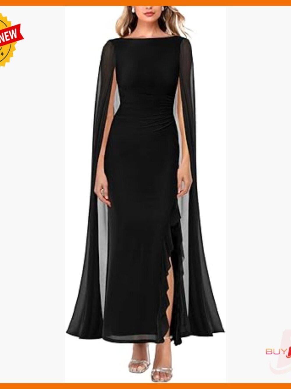 Long Sleeve Mesh Ruched Formal Maxi Dress with Cape High Split